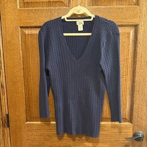 LL Bean Cable Knit Navy 3/4 Sleeve V-Neck Sweater Large